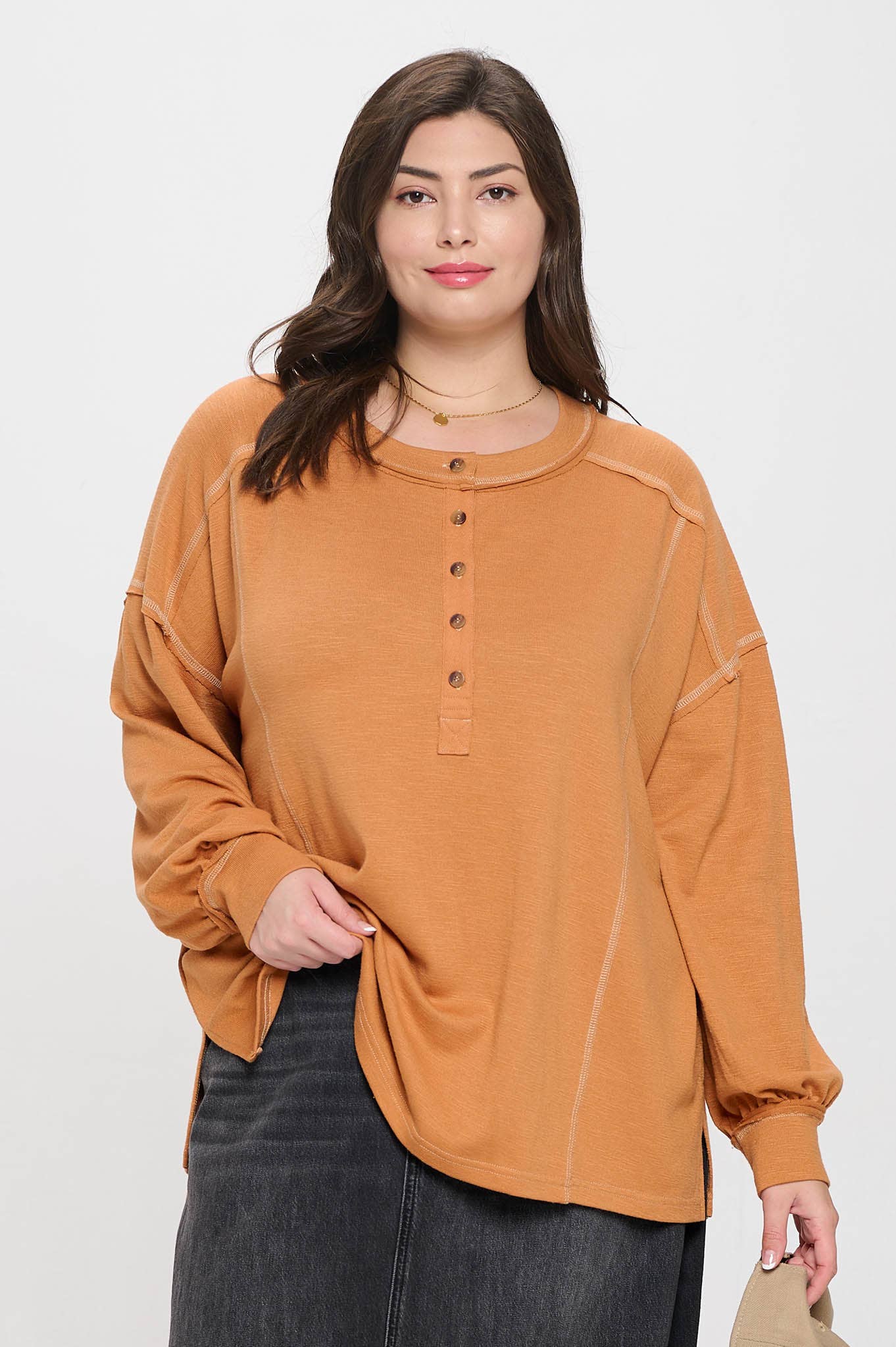 Plus Contrast Stitch Long Sleeve Knit Top