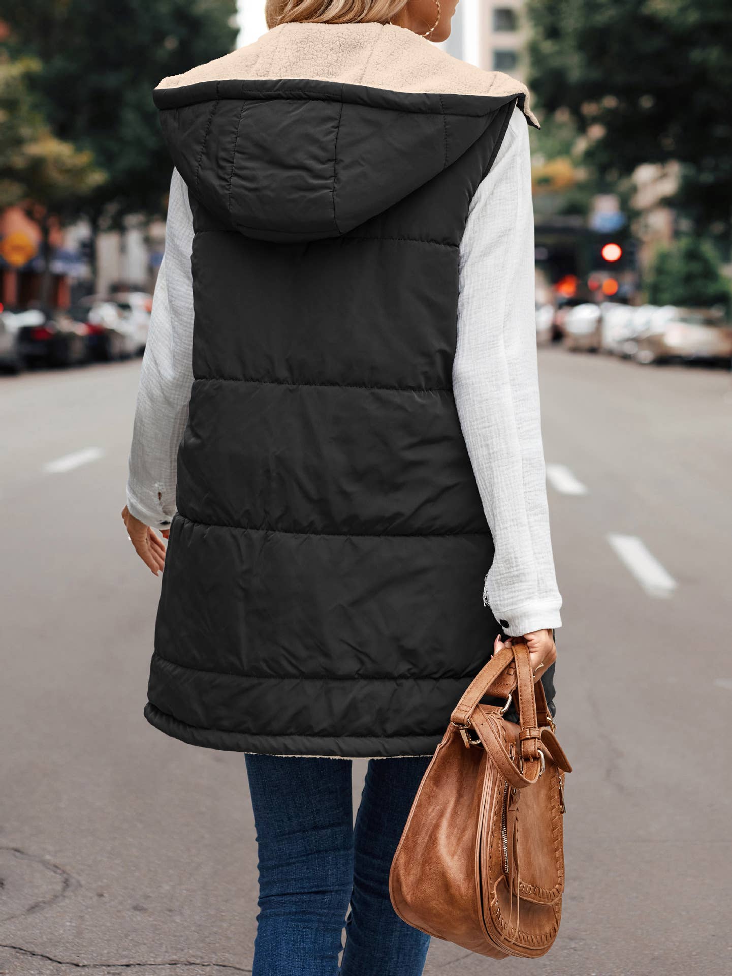 Reversible Sherpa Puffer Long Vest with Hood