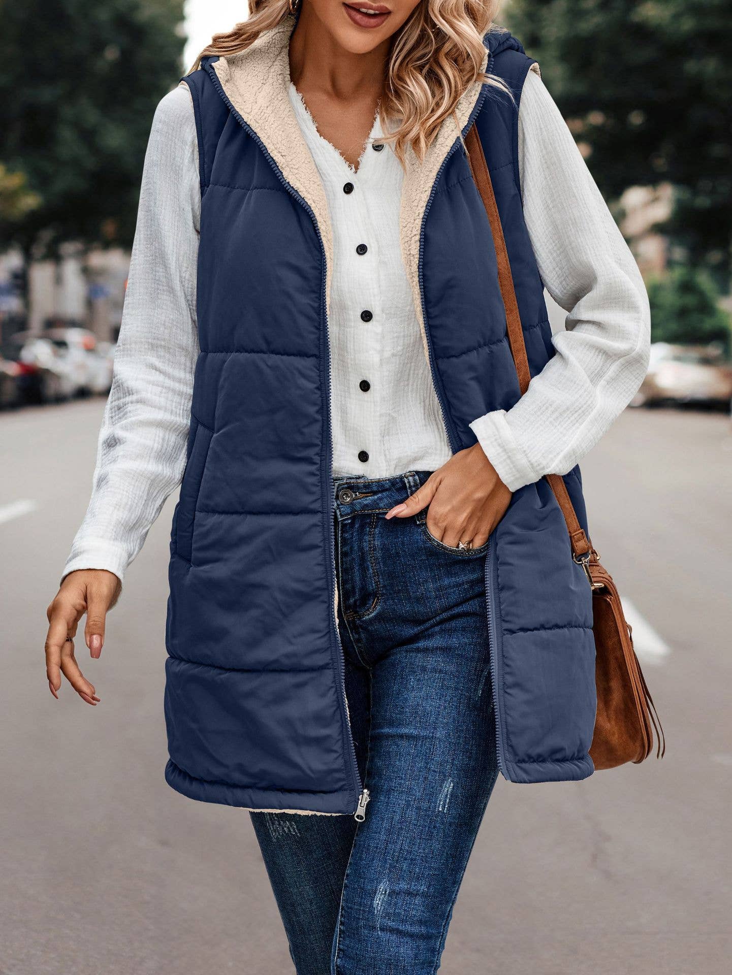 Reversible Sherpa Puffer Long Vest with Hood