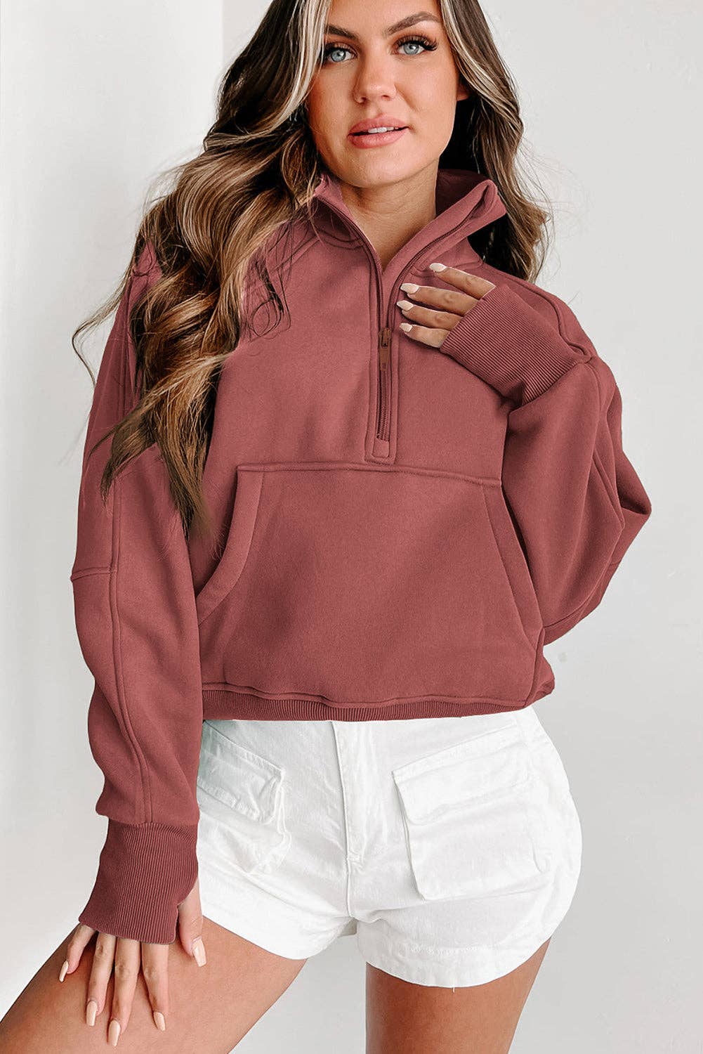 Zip Up Stand Collar Ribbed Thumbhole Sleeve Sweatshirt