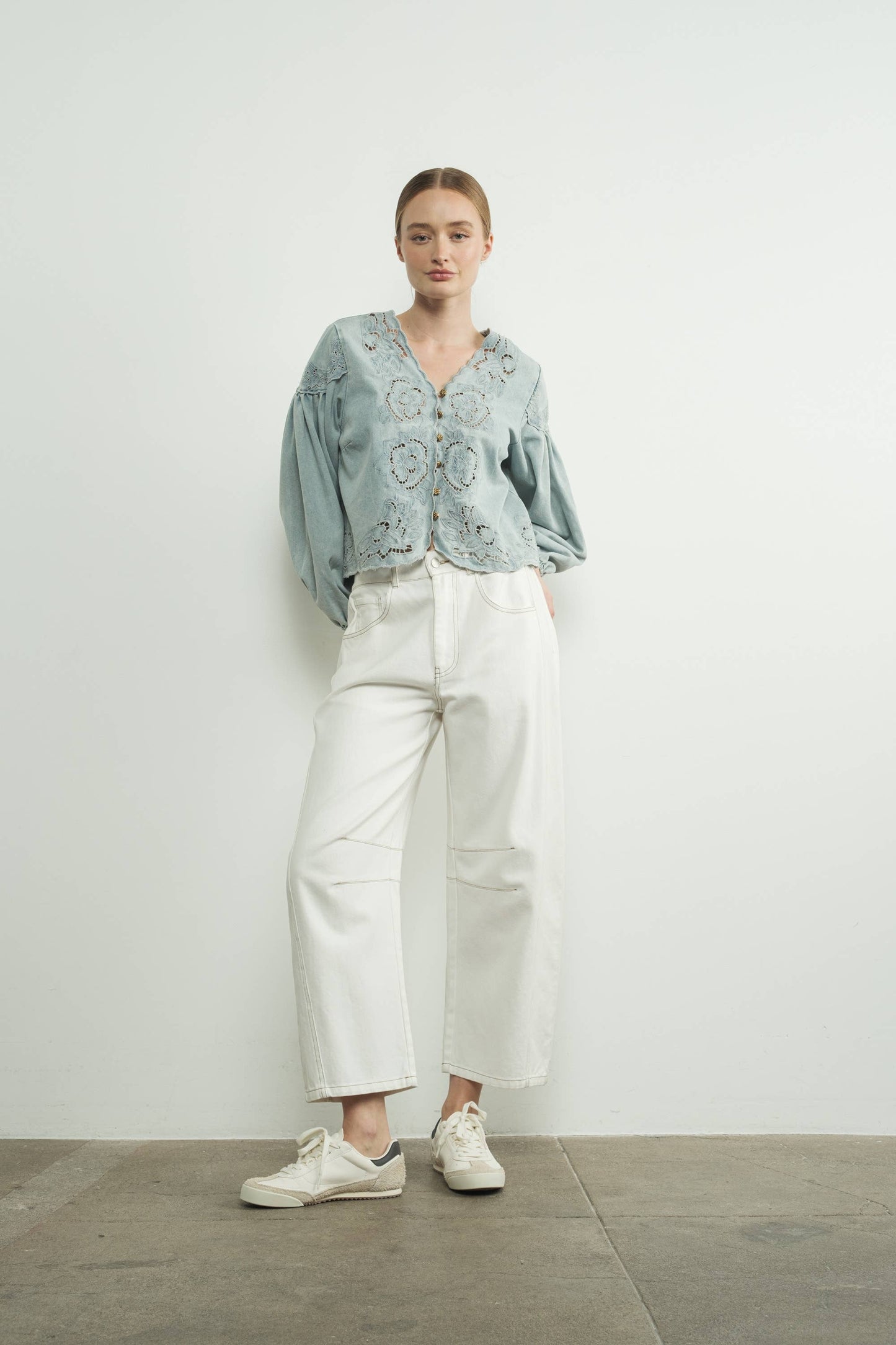 Denim Top with Embroidery detail and volume sleeve