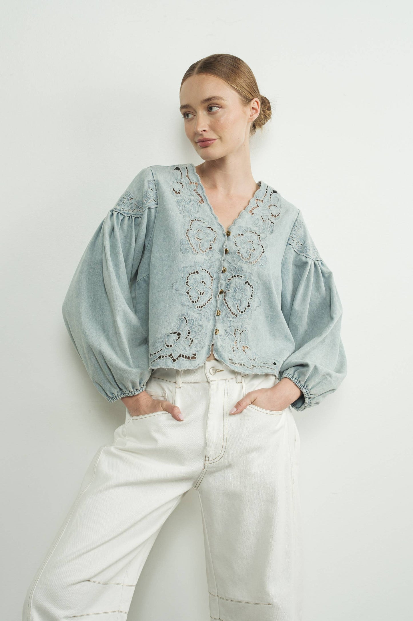 Denim Top with Embroidery detail and volume sleeve