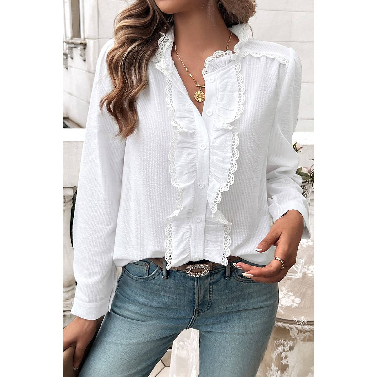 Strip Button Ruffle Lace Trim Puff Fit Blouse