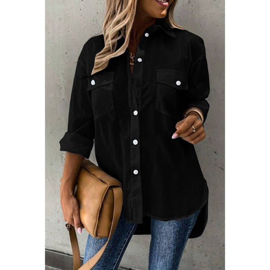 Solid Button Up Pockets Long Sleeves Blouse