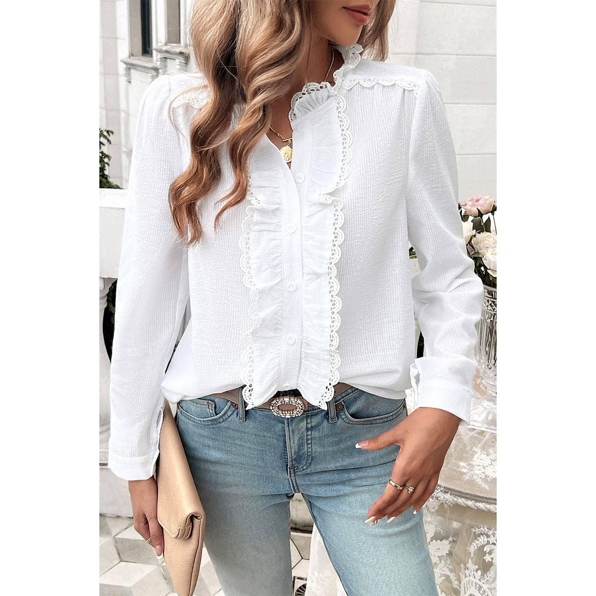 Strip Button Ruffle Lace Trim Puff Fit Blouse