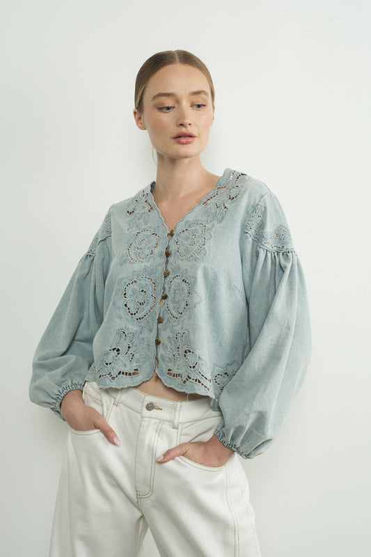 Denim Top with Embroidery detail and volume sleeve