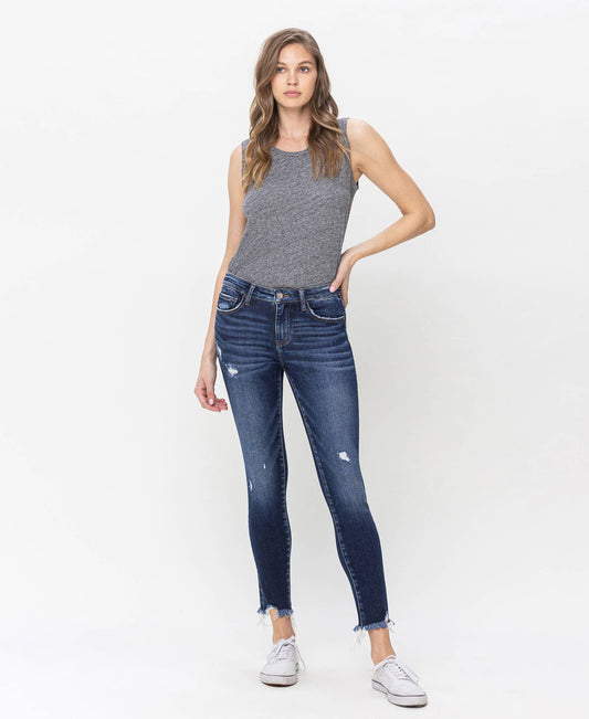 MID RISE UNEVEN RAW HEM CROP SKINNY JEANS LV1144