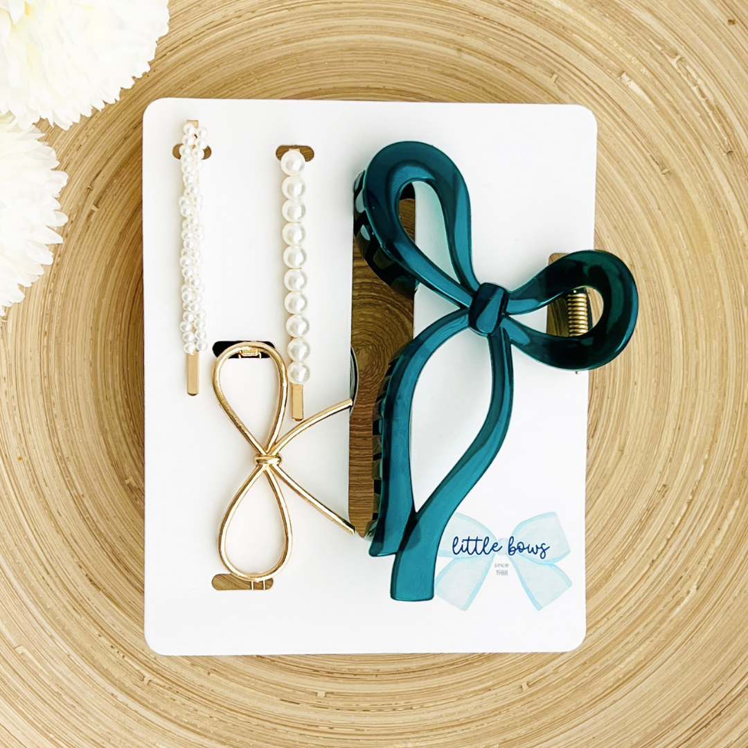 Bow Hair Claw and Clips Set | Teal Blue | Bow Hair Accessory