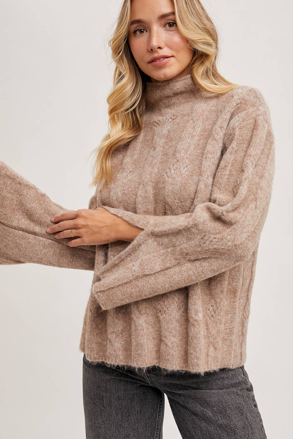 Mock Neck Slit Sleve Cable Knit Sweater