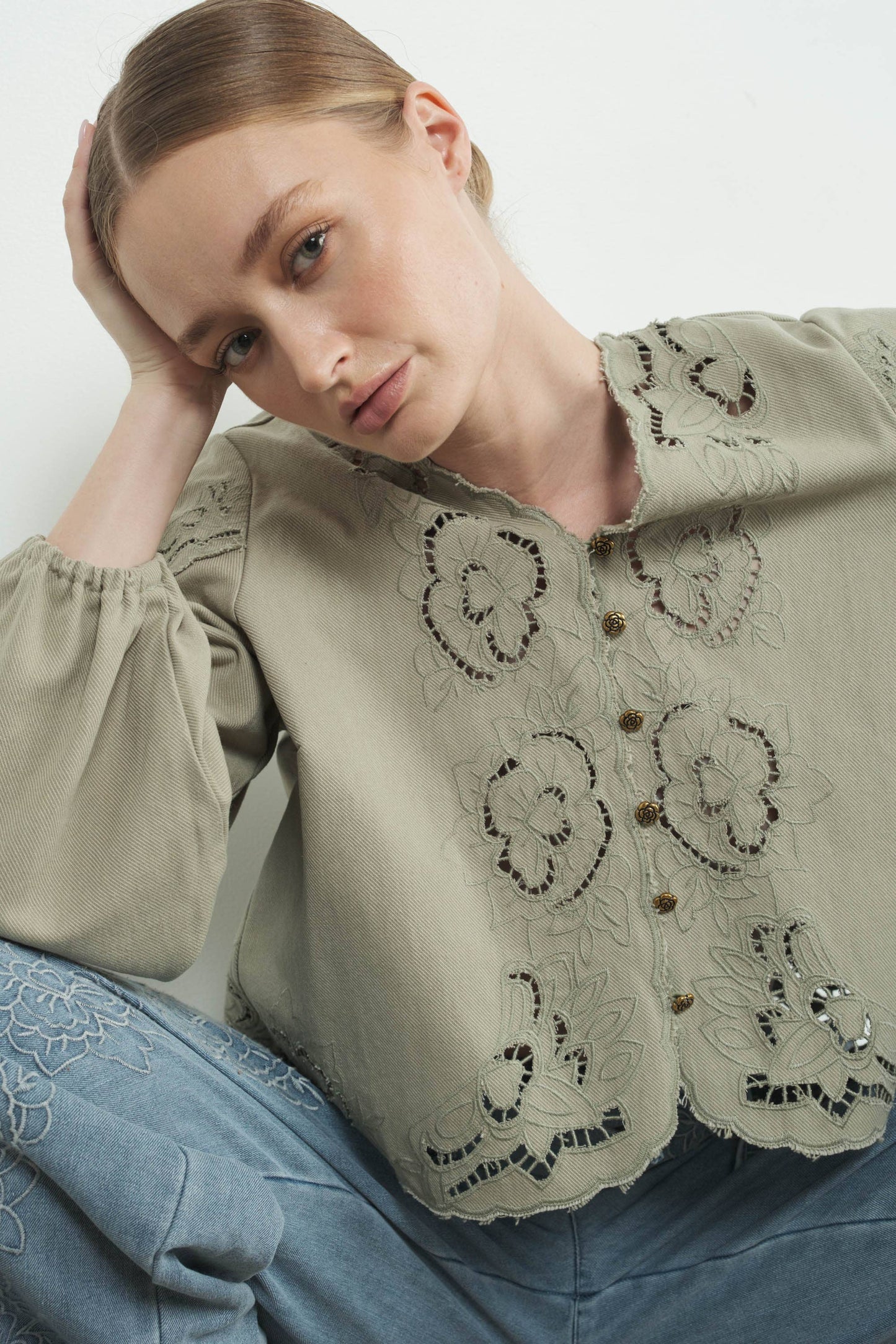 Denim Top with Embroidery detail and volume sleeve