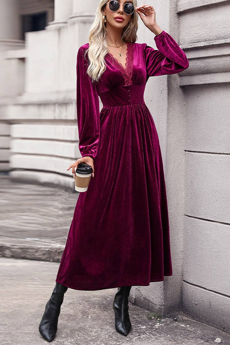 V-Neck Solid Color Long Sleve Dress