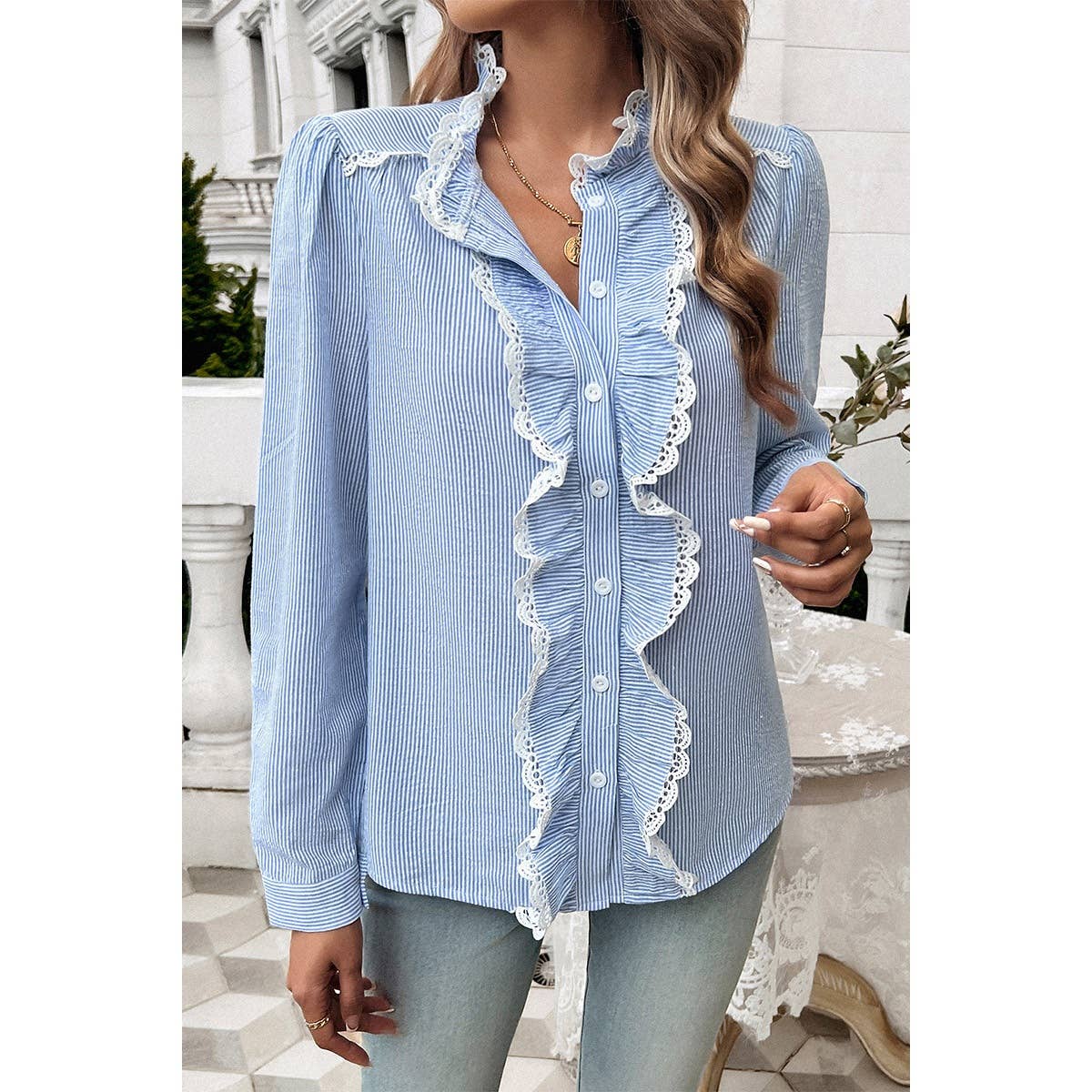 Strip Button Ruffle Lace Trim Puff Fit Blouse