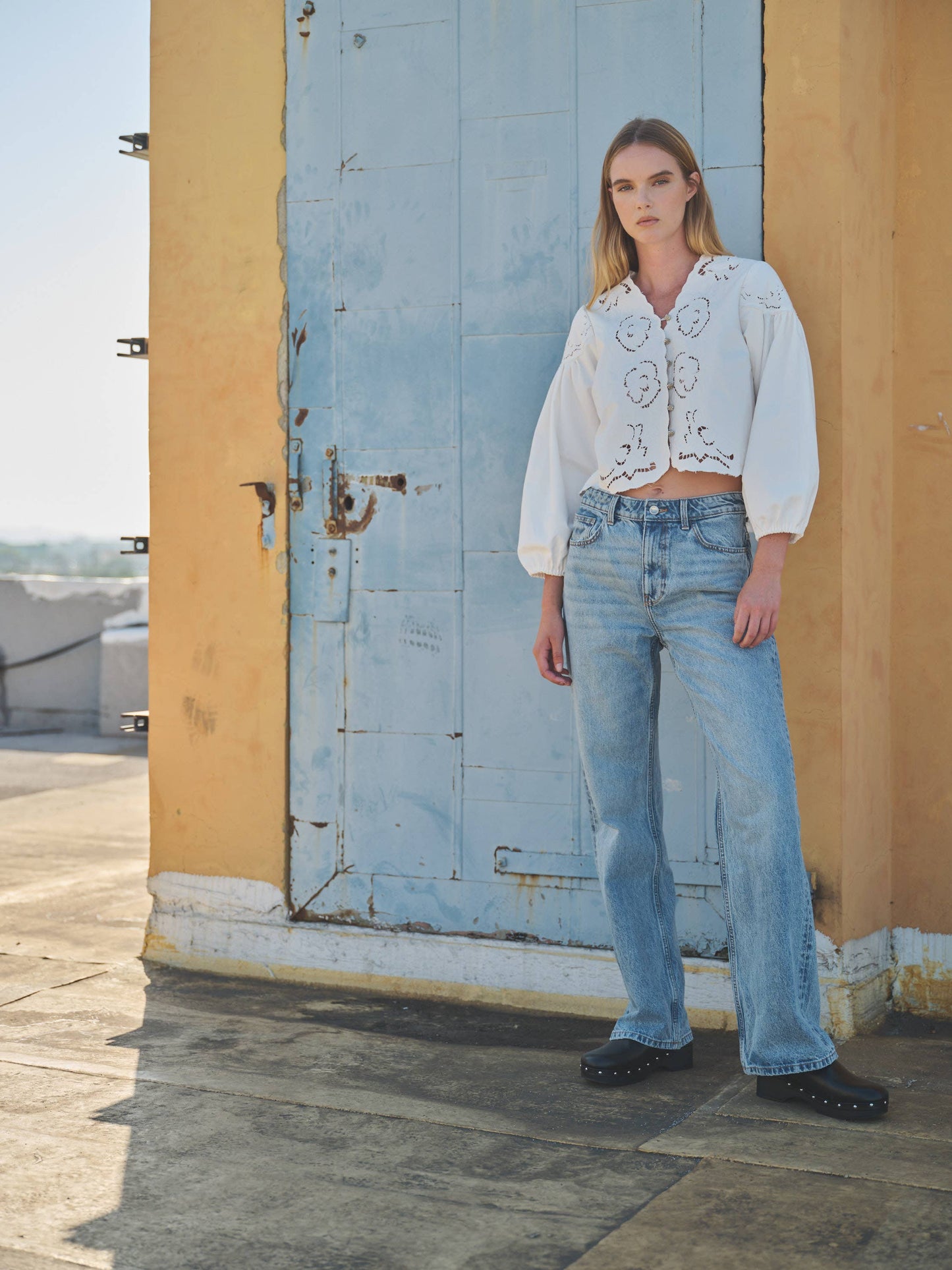 Denim Top with Embroidery detail and volume sleeve