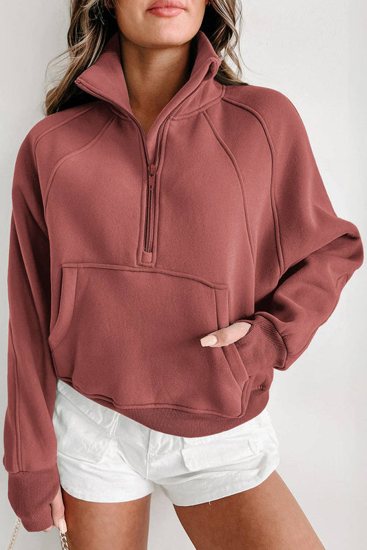 Zip Up Stand Collar Ribbed Thumbhole Sleeve Sweatshirt