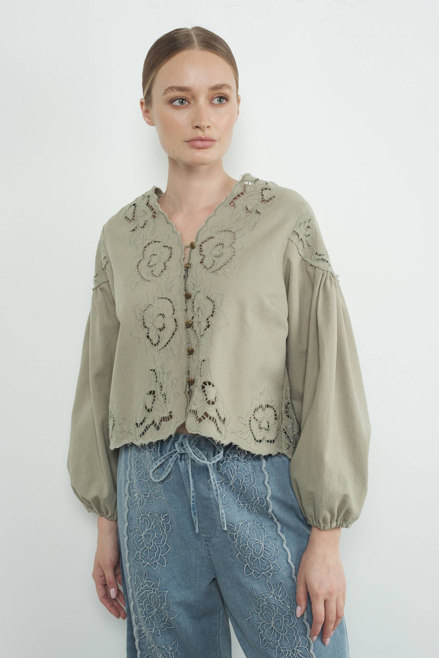 Denim Top with Embroidery detail and volume sleeve