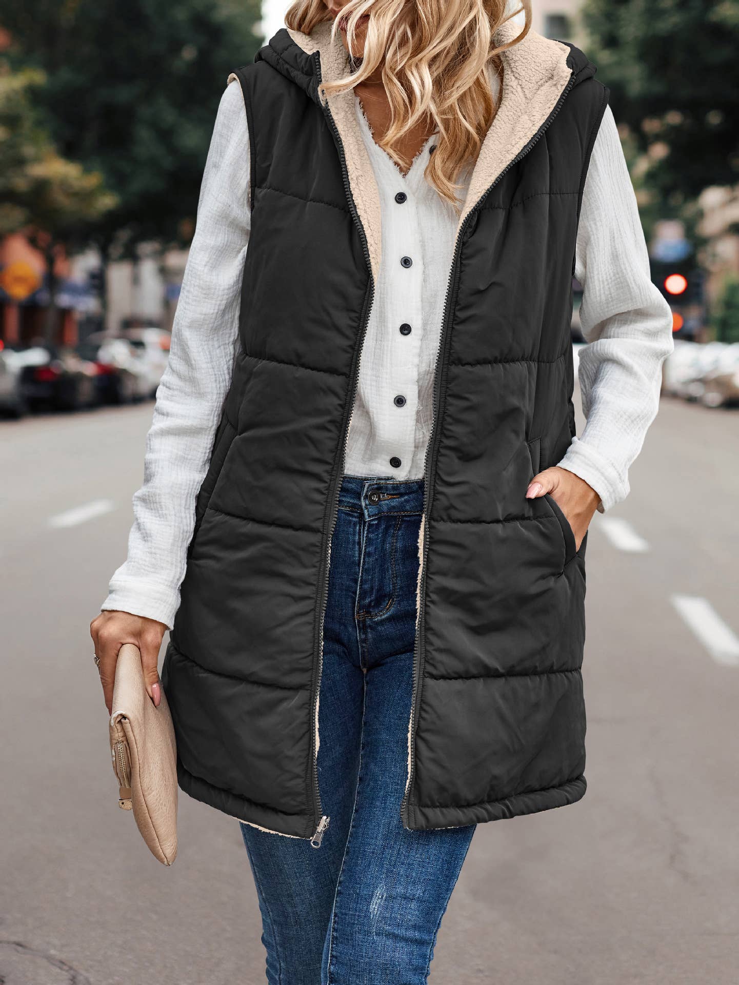 Reversible Sherpa Puffer Long Vest with Hood