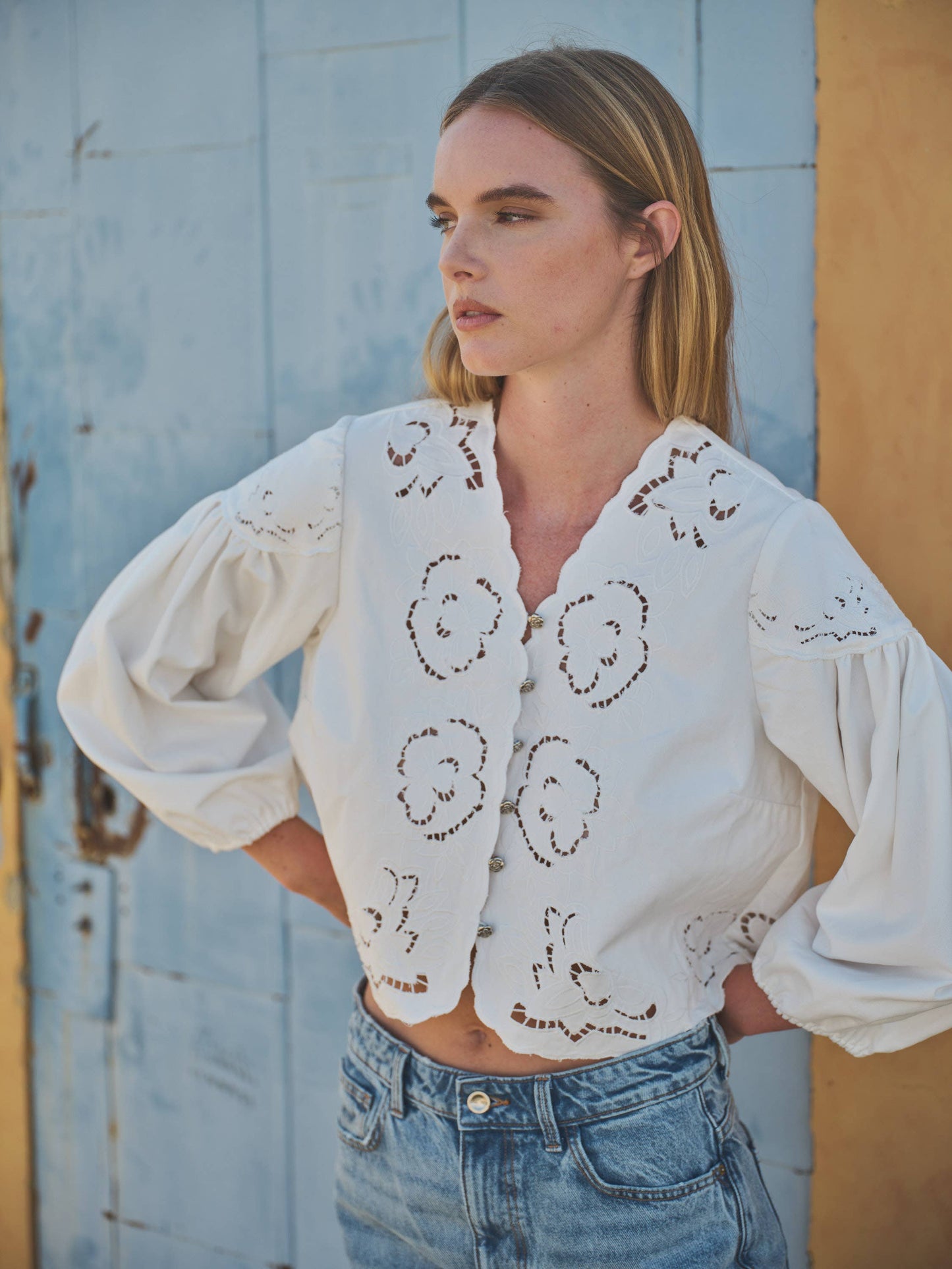 Denim Top with Embroidery detail and volume sleeve