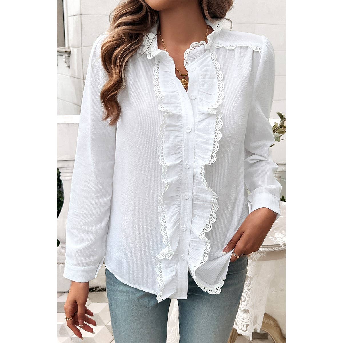 Strip Button Ruffle Lace Trim Puff Fit Blouse