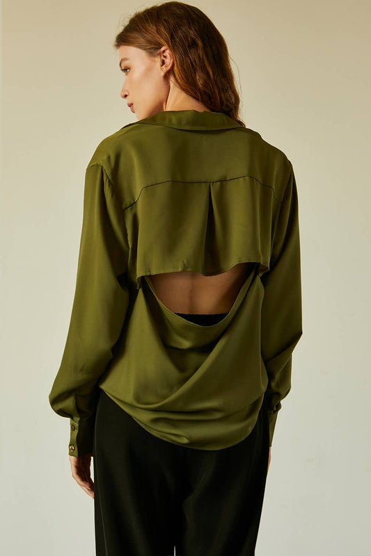 Ava Button Up With Open Back Detail Satin Shirt