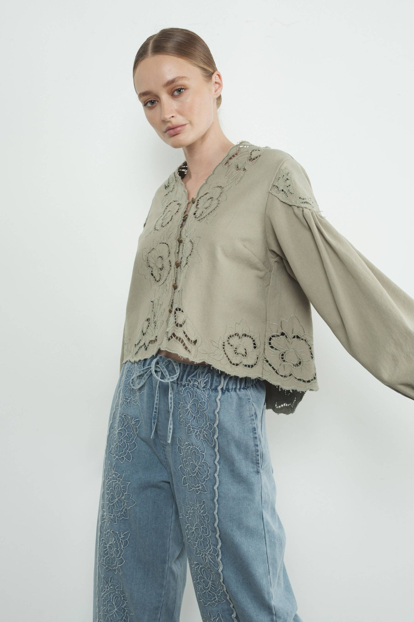 Denim Top with Embroidery detail and volume sleeve