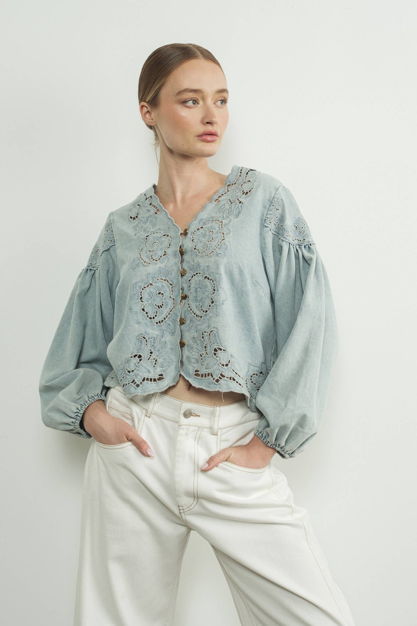 Denim Top with Embroidery detail and volume sleeve