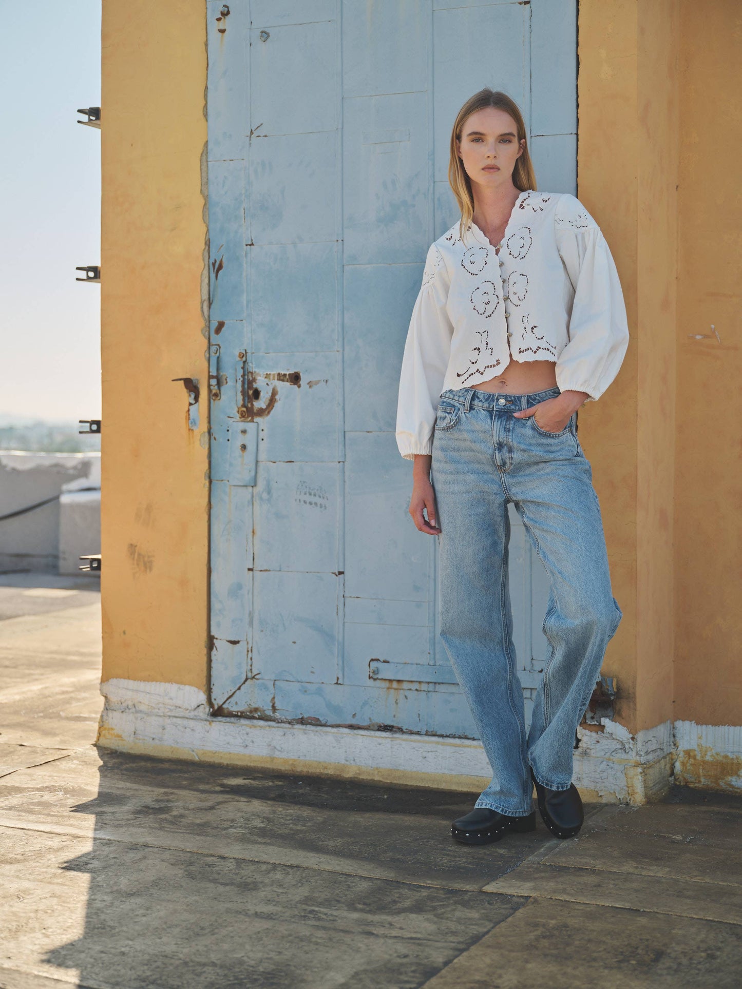 Denim Top with Embroidery detail and volume sleeve