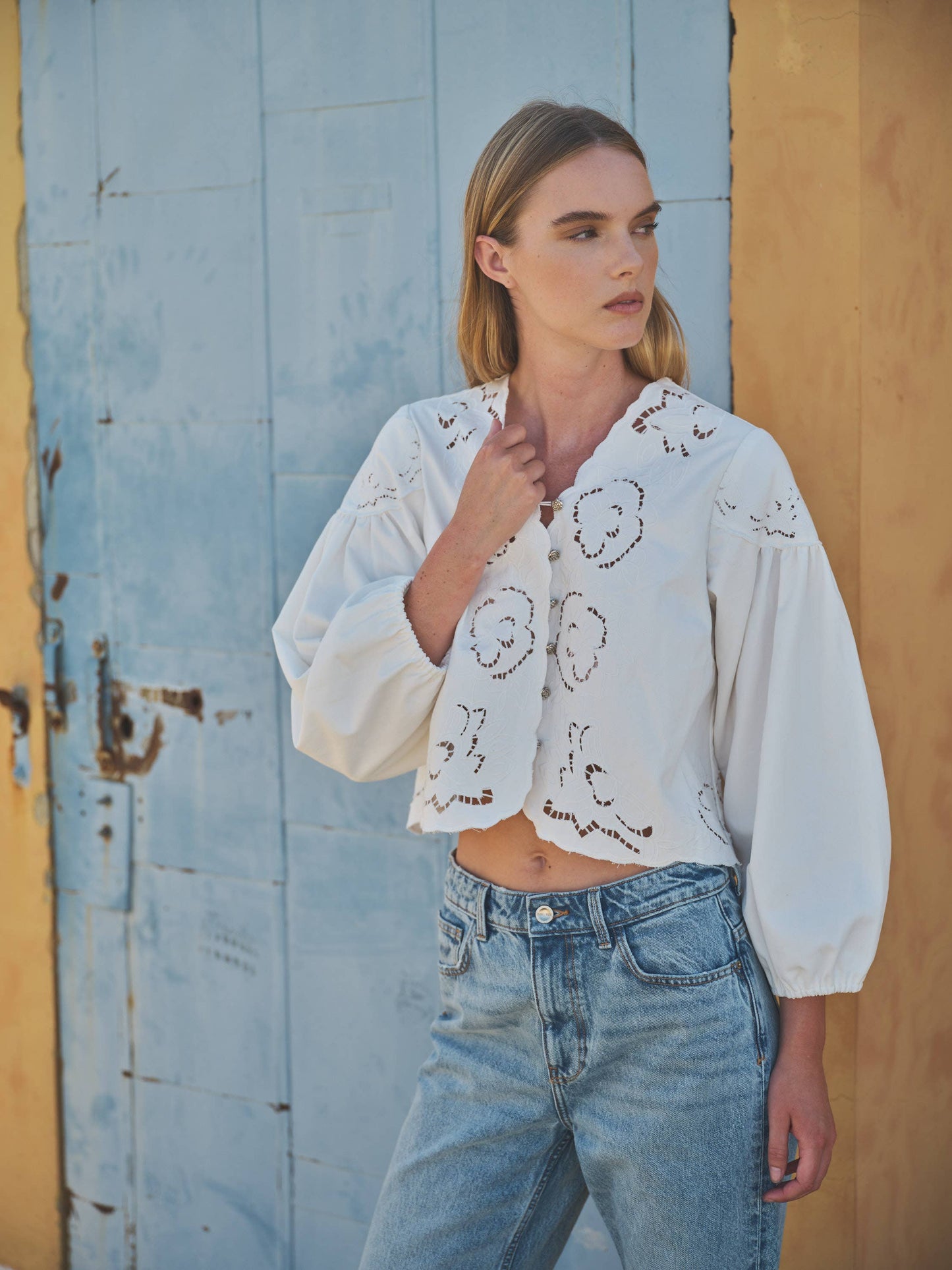 Denim Top with Embroidery detail and volume sleeve