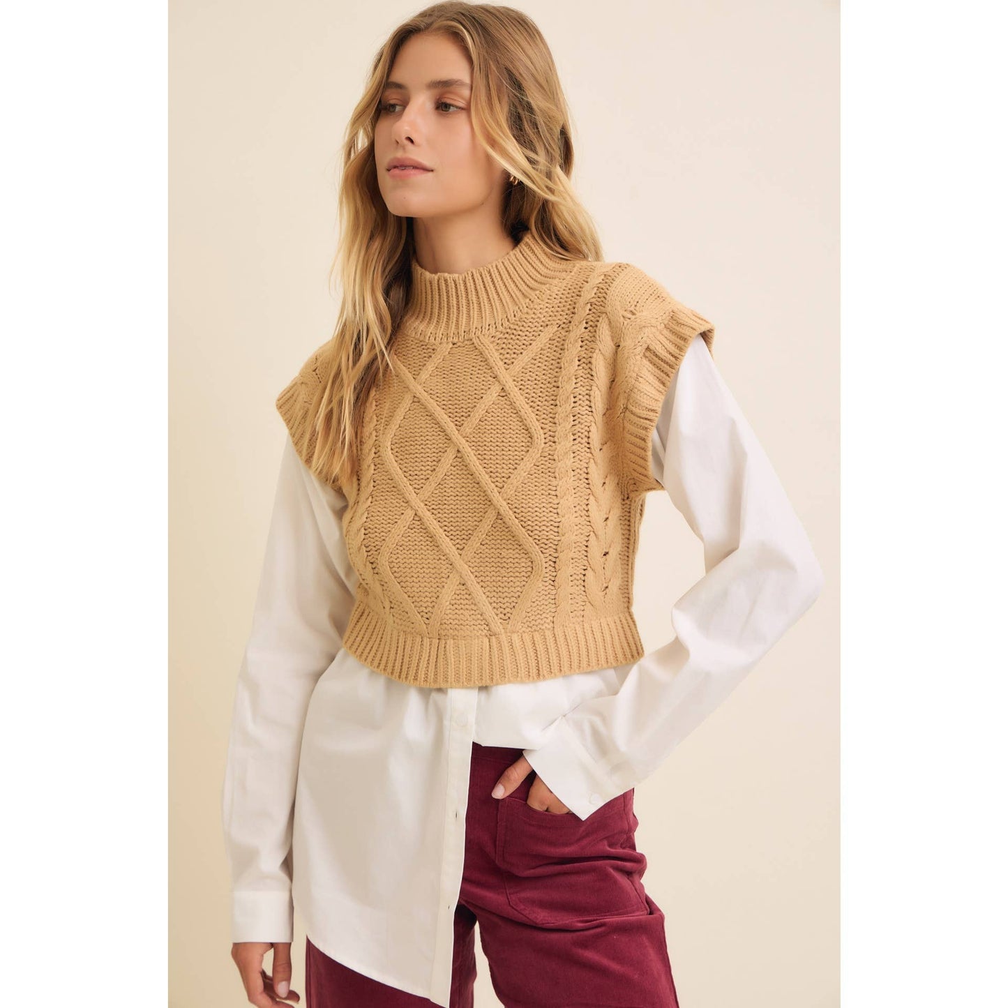 Mock Neck Cable Knit with Contrasting Bottom.