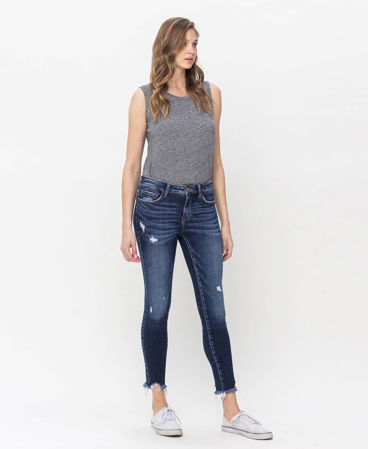 MID RISE UNEVEN RAW HEM CROP SKINNY JEANS LV1144